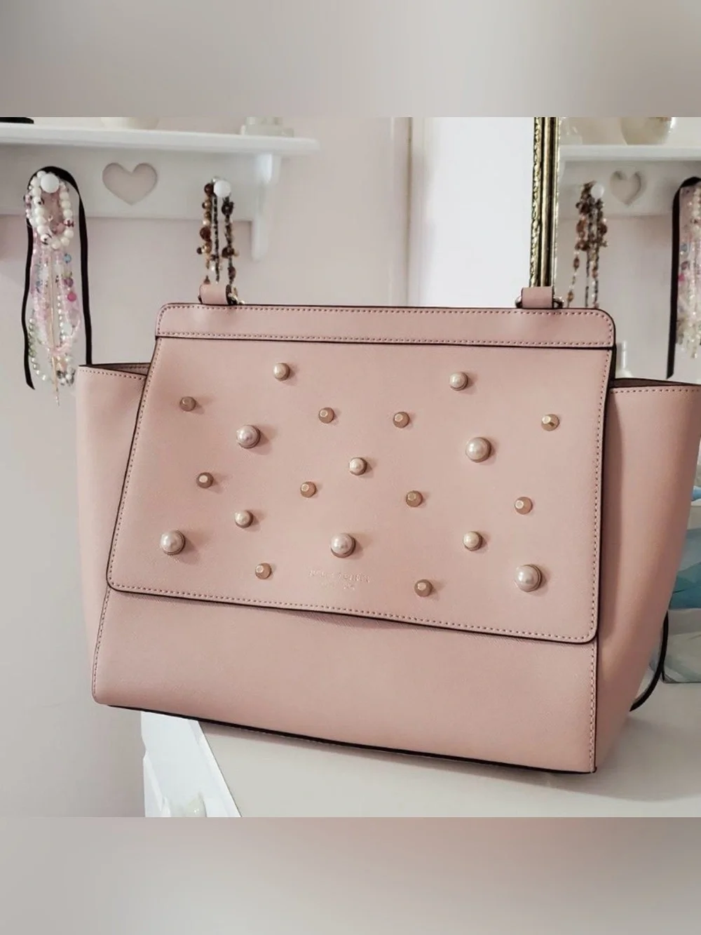 Henri Bendel West 57th Flap Satchel Pearl Gold Stud Rosewood Crossbody Strap